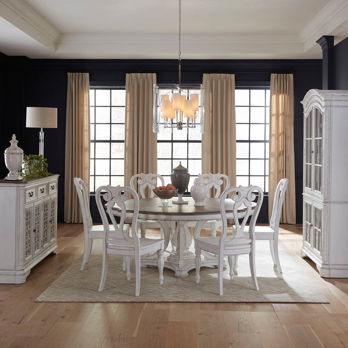 Magnolia Manor - 7 Piece Round Ped Table Set (Splat Back Side Chair) - Antique White – 7 Piece Dining Room Sets by Liberty Furniture at Furniture Wholesale Plus , Nashville furniture store