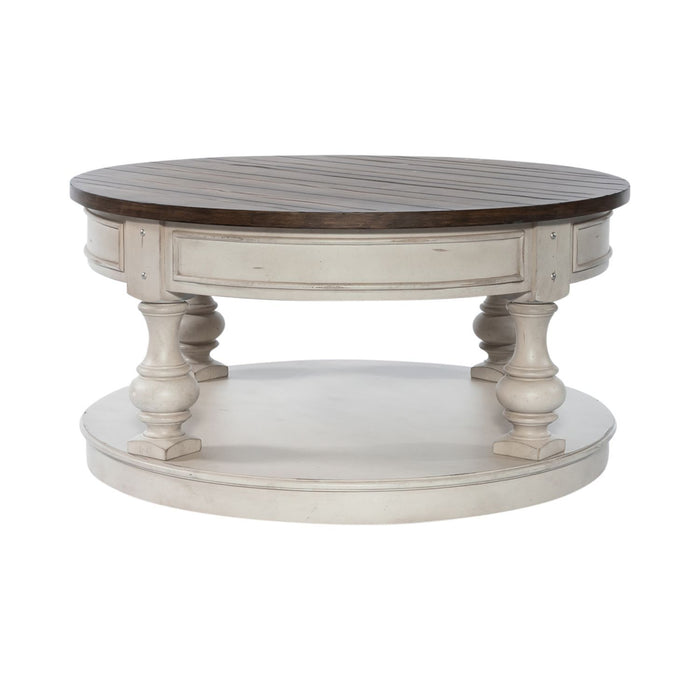 Morgan Creek - Round Cocktail Table - Antique White / Wirebrushed Tobacco Accents – Cocktail Tables by Liberty Furniture at Furniture Wholesale Plus , Nashville furniture store