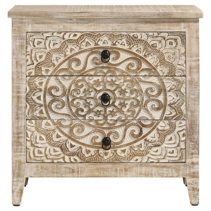 Mariska - 3-Drawer Wood Mandala Cabinet - Distressed White – Accent Cabinets by Coaster Fine Furniture at Furniture Wholesale Plus , Nashville furniture store