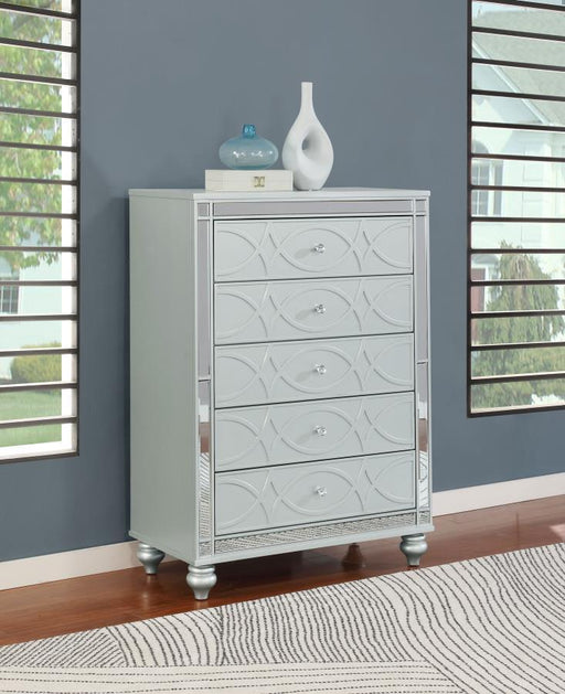 Gunnison - 5-Drawer Bedroom Chest - Silver Metallic - Premium Accent Chests from CoasterEssence - Just $649! Shop now at Furniture Wholesale Plus  We are the best furniture store in Nashville, Hendersonville, Goodlettsville, Madison, Antioch, Mount Juliet, Lebanon, Gallatin, Springfield, Murfreesboro, Franklin, Brentwood