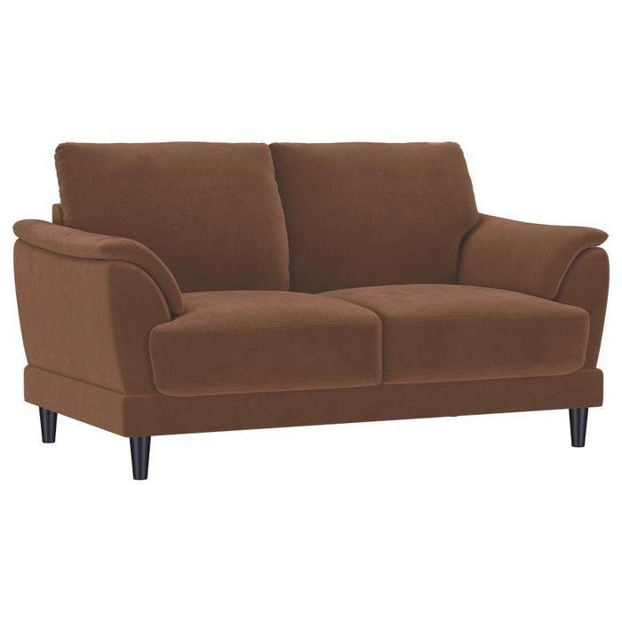Selma - Velvet Upholstered Crescent Arm Loveseat - Rust – Stationary Loveseats by Coaster Fine Furniture at Furniture Wholesale Plus , Nashville furniture store