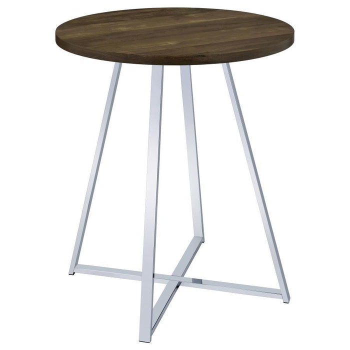 Burkhart - Round Pub Height Bistro Bar Table - Brown Oak – Bar Tables by CoasterEveryday at Furniture Wholesale Plus , Nashville furniture store