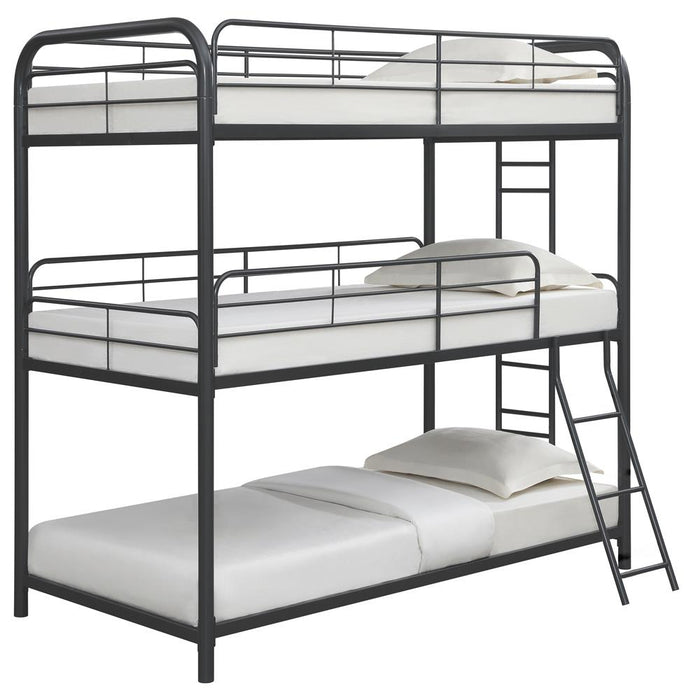 Garner Triple Twin Bunk Bed with Ladder Gunmetal - Premium Bunk Bed from Coaster Z2 Standard - Just $478! Shop now at Furniture Wholesale Plus  We are the best furniture store in Nashville, Hendersonville, Goodlettsville, Madison, Antioch, Mount Juliet, Lebanon, Gallatin, Springfield, Murfreesboro, Franklin, Brentwood