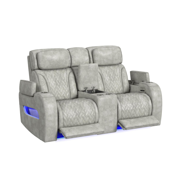 Prime Time - P3 Loveseat With Console, 7 Colors Led, Cup Holders And Wireless Charger Controller - Leather Gel Light Gray – Reclining Loveseats by Elements International at Furniture Wholesale Plus , Nashville furniture store