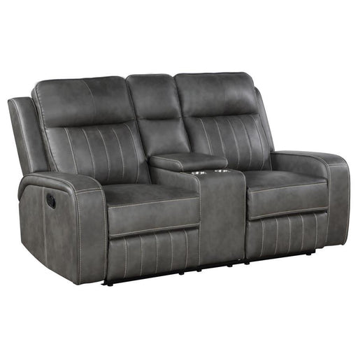 Raelynn - Upholstered Track Arm Motion Loveseat - Gray – Reclining Loveseats by Coaster Fine Furniture at Furniture Wholesale Plus , Nashville furniture store