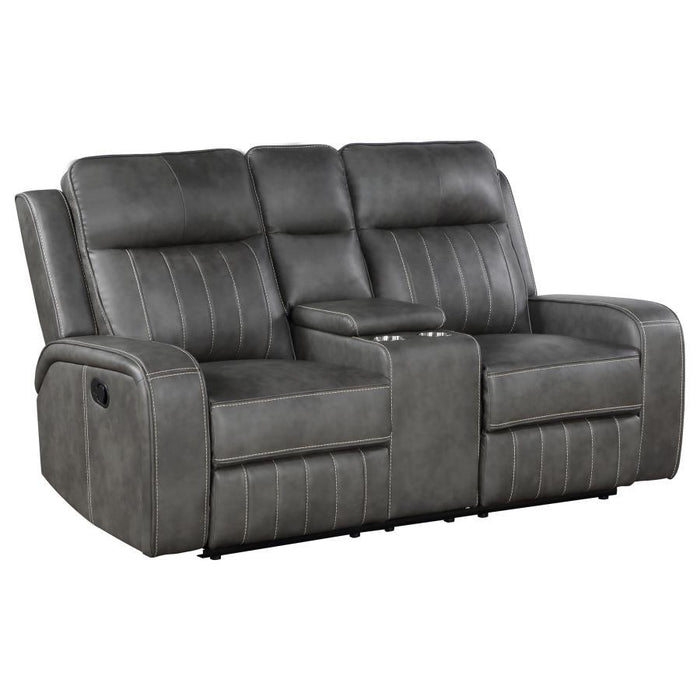 Raelynn - Upholstered Track Arm Motion Loveseat - Gray – Reclining Loveseats by Coaster Fine Furniture at Furniture Wholesale Plus , Nashville furniture store