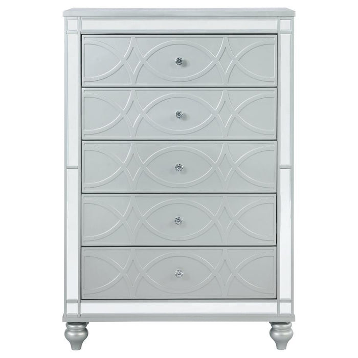 Gunnison - 5-Drawer Bedroom Chest - Silver Metallic – Accent Chests by CoasterEssence at Furniture Wholesale Plus , Nashville furniture store