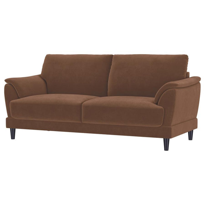 Selma - Velvet Upholstered Crescent Arm Sofa - Rust – Stationary Sofas by Coaster Fine Furniture at Furniture Wholesale Plus , Nashville furniture store