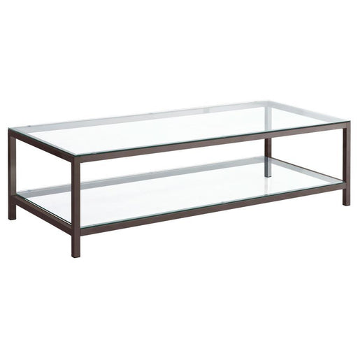 Trini - 1-Shelf Glass Top Coffee Table - Black Nickel – Coffee Tables by CoasterEssence at Furniture Wholesale Plus , Nashville furniture store