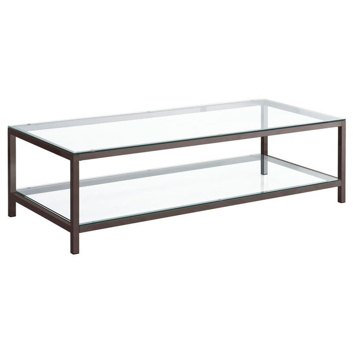 Trini - 1-Shelf Glass Top Coffee Table - Black Nickel – Coffee Tables by CoasterEssence at Furniture Wholesale Plus , Nashville furniture store