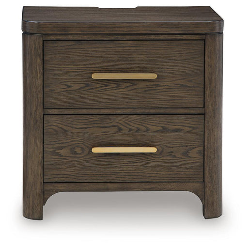Radkin - Two Drawer Night Stand - Burnished Brown – Nightstands w/ Charging Stations by Signature Design by Ashley® at Furniture Wholesale Plus , Nashville furniture store