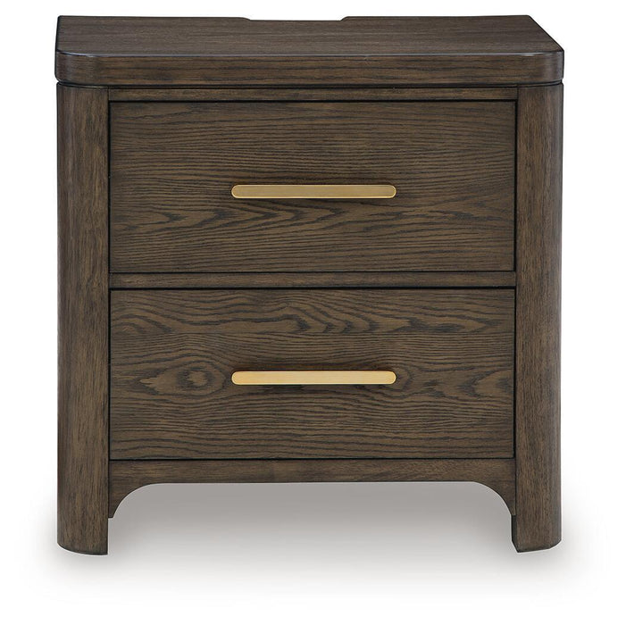 Radkin - Two Drawer Night Stand - Burnished Brown – Nightstands w/ Charging Stations by Signature Design by Ashley® at Furniture Wholesale Plus , Nashville furniture store