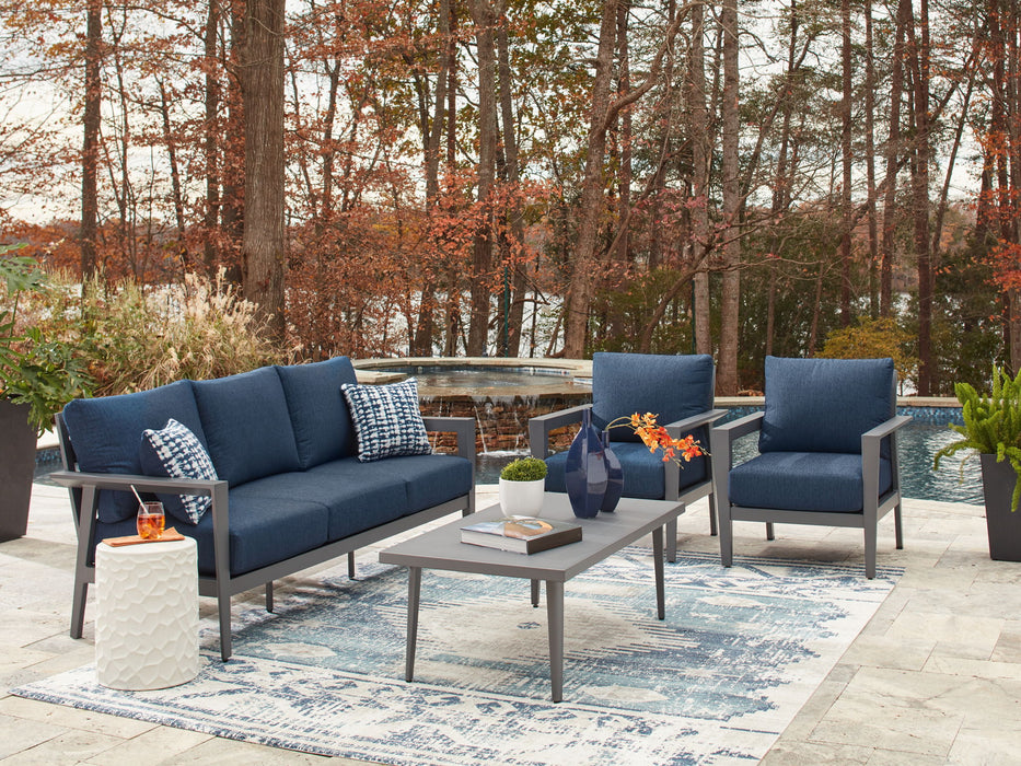 Gali - Gray / Blue - Sofa / Chairs / Table Set (Set of 4) - Premium 4 Piece Outdoor Sets from Signature Design by Ashley® - Just $1918! Shop now at Furniture Wholesale Plus  We are the best furniture store in Nashville, Hendersonville, Goodlettsville, Madison, Antioch, Mount Juliet, Lebanon, Gallatin, Springfield, Murfreesboro, Franklin, Brentwood