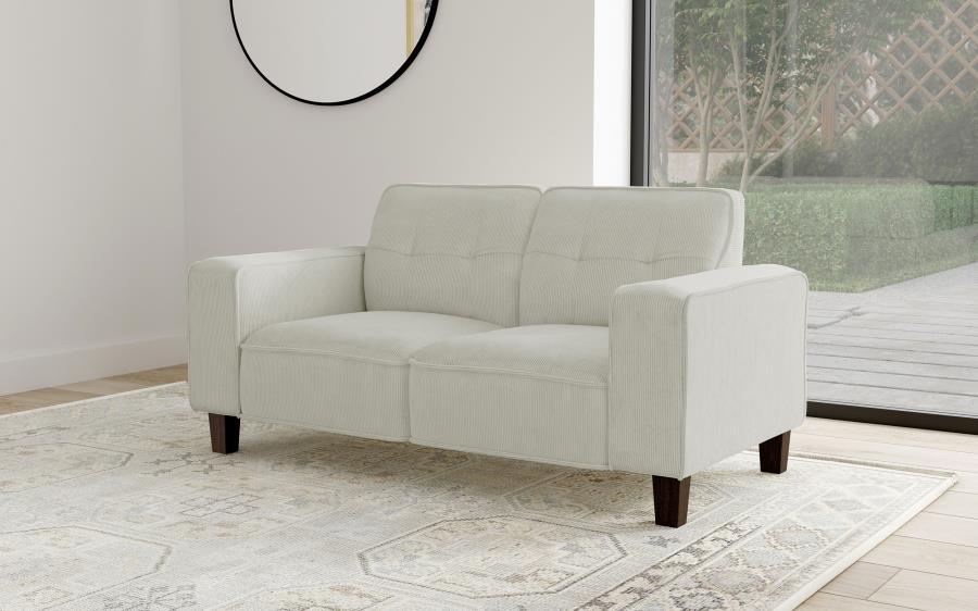 Deerhurst - Upholstered Track Arm Tufted Loveseat - Greige – Stationary Loveseats by Coaster Fine Furniture at Furniture Wholesale Plus , Nashville furniture store