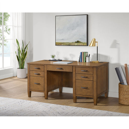 Portico - Double Pedestal Desk With Power / USB - Brown Oak – Writing Desks by Elements International at Furniture Wholesale Plus , Nashville furniture store