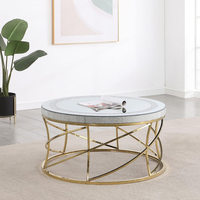 Elise - Round Mirror Top Stainless Steel Coffee Table - Gold – Coffee Tables by CoasterEveryday at Furniture Wholesale Plus , Nashville furniture store