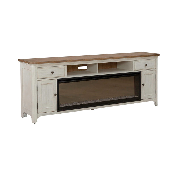 Fireplace TV Consoles - 79" Console With Fire - Medium Brown – Fireplace TV Stands by Liberty Furniture at Furniture Wholesale Plus , Nashville furniture store