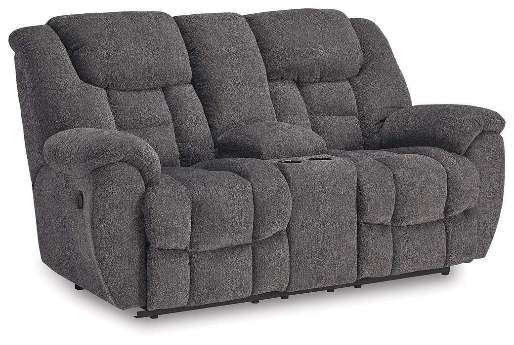 Foreside - Dbl Reclining Loveseat with Console - Charcoal – Reclining Loveseats by Signature Design by Ashley® at Furniture Wholesale Plus , Nashville furniture store