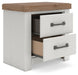 Savonport - Two Drawer Night Stand - White / Brown – Nightstands w/ Charging Stations by Benchcraft® at Furniture Wholesale Plus , Nashville furniture store
