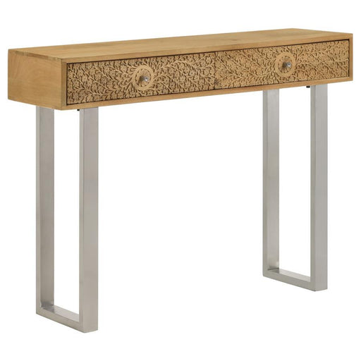 Draco - 2-Drawer Console Table Hand Carved Details - Natural – Console Tables by CoasterEveryday at Furniture Wholesale Plus , Nashville furniture store