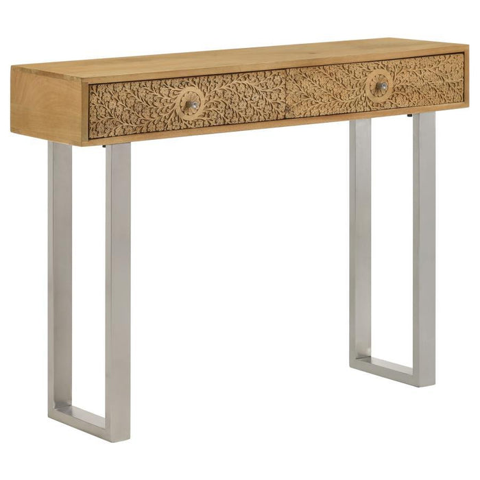 Draco - 2-Drawer Console Table Hand Carved Details - Natural – Console Tables by CoasterEveryday at Furniture Wholesale Plus , Nashville furniture store