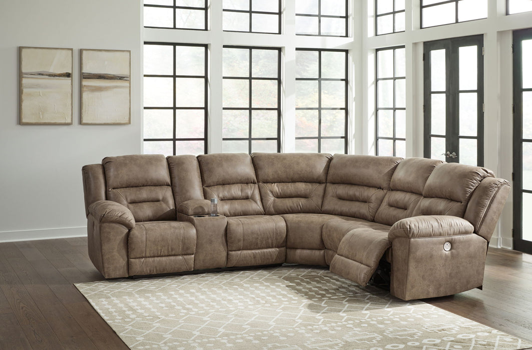 Ravenel - 3-Piece Power Reclining Sectional With Laf Power Reclining Loveseat With Console - Faux Leather - Fossil – Reclining Sectionals by Signature Design by Ashley® at Furniture Wholesale Plus , Nashville furniture store