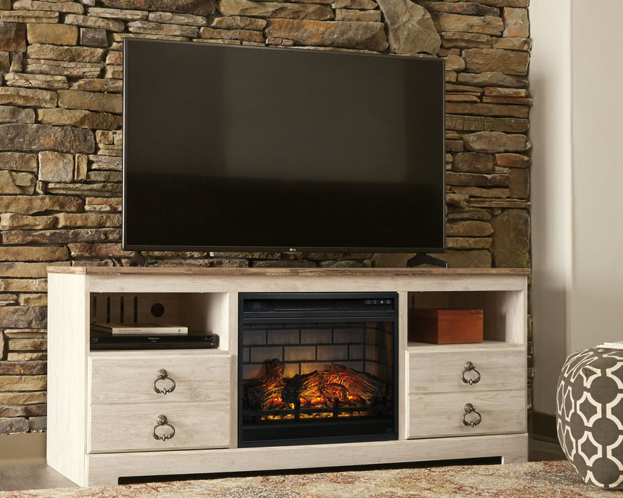 Willowton - 2 Pc. - 64" TV Stand With Faux Firebrick Fireplace Insert - Whitewash – Fireplace TV Stands by Signature Design by Ashley® at Furniture Wholesale Plus , Nashville furniture store
