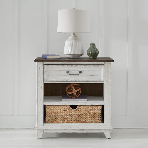 River Place - Bedside Chest With Charging Station - Riverstone White & Tobacco – Bedside Chests by Liberty Furniture at Furniture Wholesale Plus , Nashville furniture store