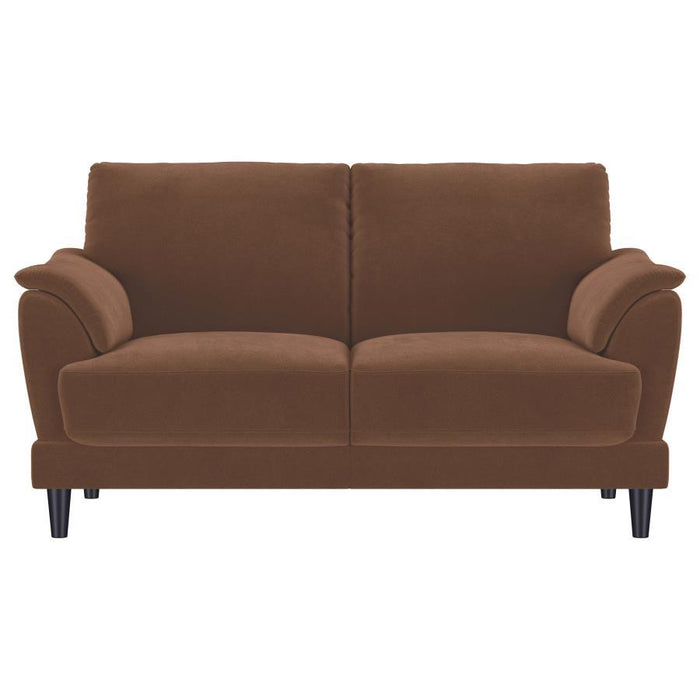 Selma - Velvet Upholstered Crescent Arm Loveseat - Rust – Stationary Loveseats by Coaster Fine Furniture at Furniture Wholesale Plus , Nashville furniture store