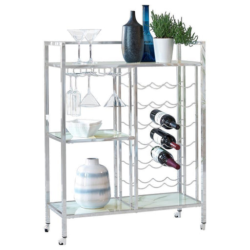 Derion - 3-Tier Rectangular Glass Shelf Metal Bar Cart - Chrome - Premium Bar Carts from CoasterEssence - Just $269! Shop now at Furniture Wholesale Plus  We are the best furniture store in Nashville, Hendersonville, Goodlettsville, Madison, Antioch, Mount Juliet, Lebanon, Gallatin, Springfield, Murfreesboro, Franklin, Brentwood