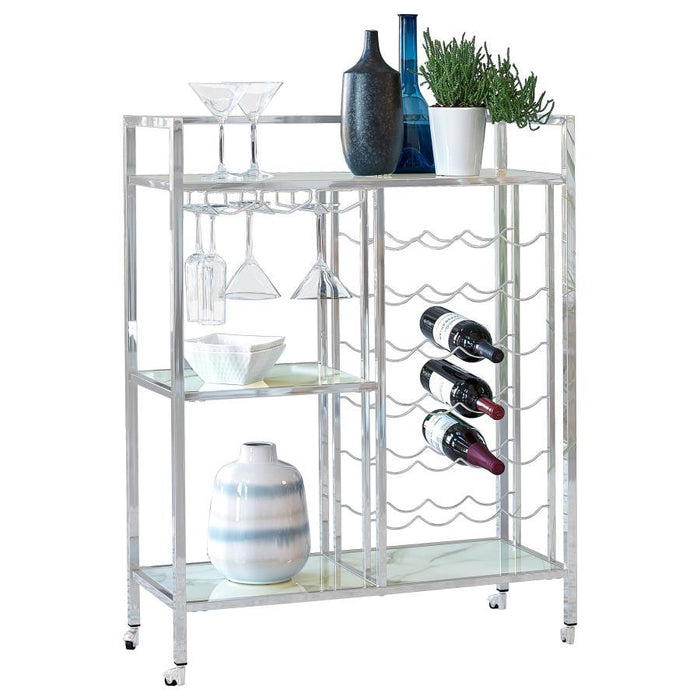 Derion - 3-Tier Rectangular Glass Shelf Metal Bar Cart - Chrome - Premium Bar Carts from CoasterEssence - Just $269! Shop now at Furniture Wholesale Plus  We are the best furniture store in Nashville, Hendersonville, Goodlettsville, Madison, Antioch, Mount Juliet, Lebanon, Gallatin, Springfield, Murfreesboro, Franklin, Brentwood