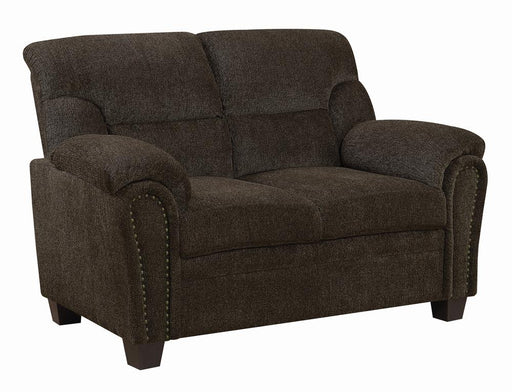 Clementine Upholstered Loveseat with Nailhead Trim Brown - Premium Loveseat from Coaster Z2 Standard - Just $520! Shop now at Furniture Wholesale Plus  We are the best furniture store in Nashville, Hendersonville, Goodlettsville, Madison, Antioch, Mount Juliet, Lebanon, Gallatin, Springfield, Murfreesboro, Franklin, Brentwood