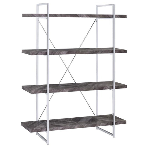 Grimma - 4-Shelf Bookshelf - Rustic Gray And Chrome - Premium Standard Bookcases from CoasterEssence - Just $319! Shop now at Furniture Wholesale Plus  We are the best furniture store in Nashville, Hendersonville, Goodlettsville, Madison, Antioch, Mount Juliet, Lebanon, Gallatin, Springfield, Murfreesboro, Franklin, Brentwood