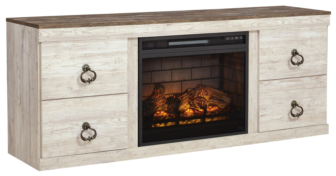 Willowton - 2 Pc. - TV Stand With Faux Firebrick Fireplace Insert - Whitewash – Fireplace TV Stands by Signature Design by Ashley® at Furniture Wholesale Plus , Nashville furniture store