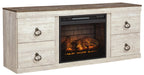 Willowton - 2 Pc. - TV Stand With Faux Firebrick Fireplace Insert - Whitewash – Fireplace TV Stands by Signature Design by Ashley® at Furniture Wholesale Plus , Nashville furniture store