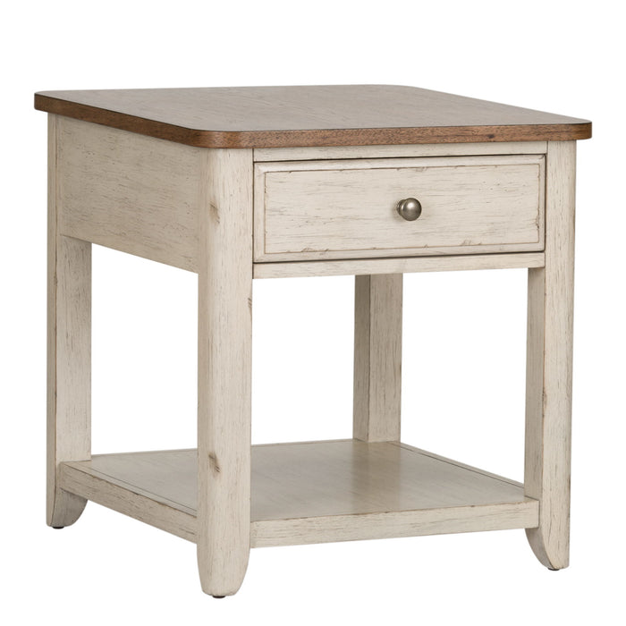 Farmhouse Reimagined - End Table With Basket - Antique White / Chestnut Tops – End Tables by Liberty Furniture at Furniture Wholesale Plus , Nashville furniture store