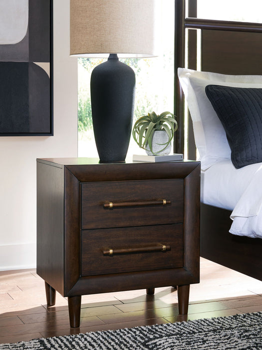 Dantenton - Two Drawer Night Stand - Merlot – Nightstands w/ Charging Stations by Benchcraft® at Furniture Wholesale Plus , Nashville furniture store