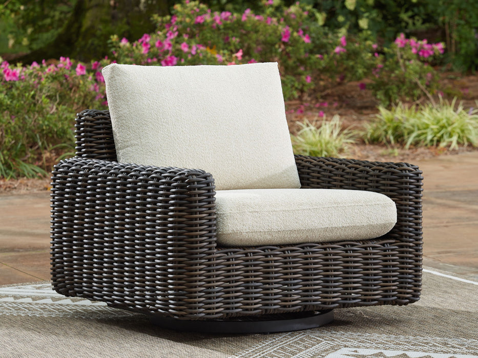 Kimora - 7 Pc. - 4-Piece Outdoor Sectional, Swivel Glider Lounge, Cocktail Table, End Table - Beige / Dark Brown – 7 Piece Outdoor Sets by Signature Design by Ashley® at Furniture Wholesale Plus , Nashville furniture store