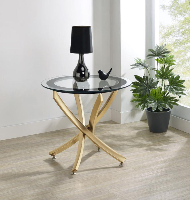 Brooke - Round Glass Top Side End Table Metal Base – End Tables by CoasterEssence at Furniture Wholesale Plus , Nashville furniture store