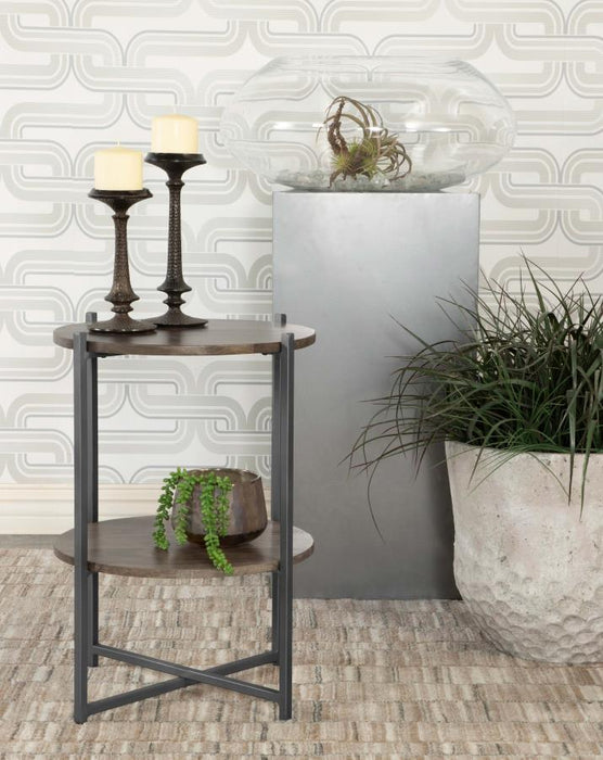 Axel - Round Accent Table With Open Shelf - Natural And Gunmetal – Accent Tables by CoasterEssence at Furniture Wholesale Plus , Nashville furniture store
