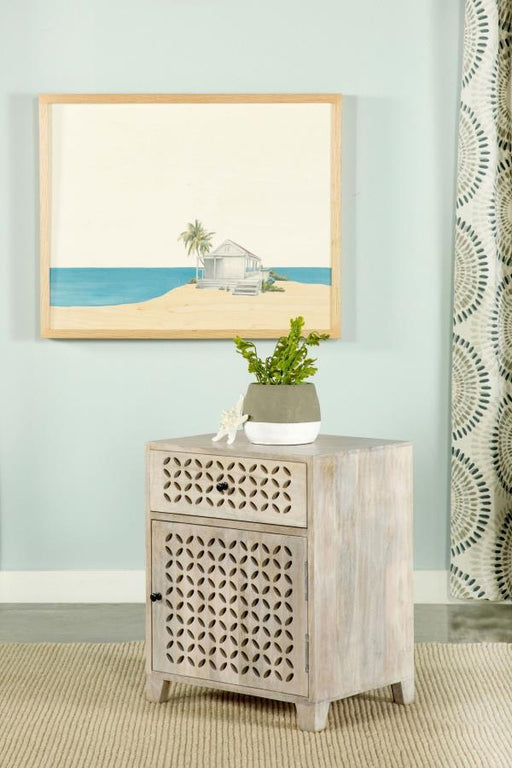 August - 1-Drawer Trellis Pattern Storage Cabinet - White Washed – Accent Cabinets by CoasterEssence at Furniture Wholesale Plus , Nashville furniture store