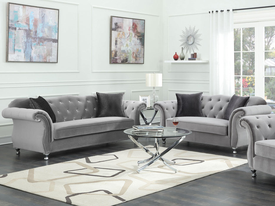 Frostine Upholstered Tufted Living Room Set Silver - Premium Living Room Set from Coaster Z2 Standard - Just $2238! Shop now at Furniture Wholesale Plus  We are the best furniture store in Nashville, Hendersonville, Goodlettsville, Madison, Antioch, Mount Juliet, Lebanon, Gallatin, Springfield, Murfreesboro, Franklin, Brentwood