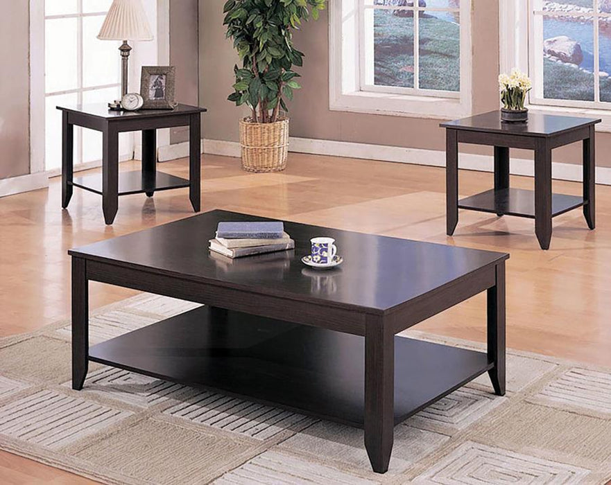 Brooks - 3 Piece Rectangular Coffee Table Set - Cappuccino – Table Sets by CoasterEssence at Furniture Wholesale Plus , Nashville furniture store