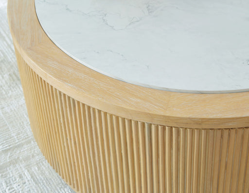 Camdill - Round Cocktail Table - Light Brown / White – Coffee Tables by Signature Design by Ashley® at Furniture Wholesale Plus , Nashville furniture store
