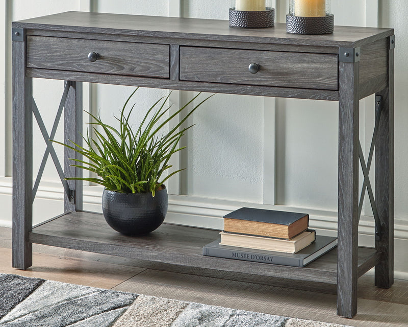 Freedan - Console Sofa Table - Grayish Brown – Sofa Tables by Signature Design by Ashley® at Furniture Wholesale Plus , Nashville furniture store