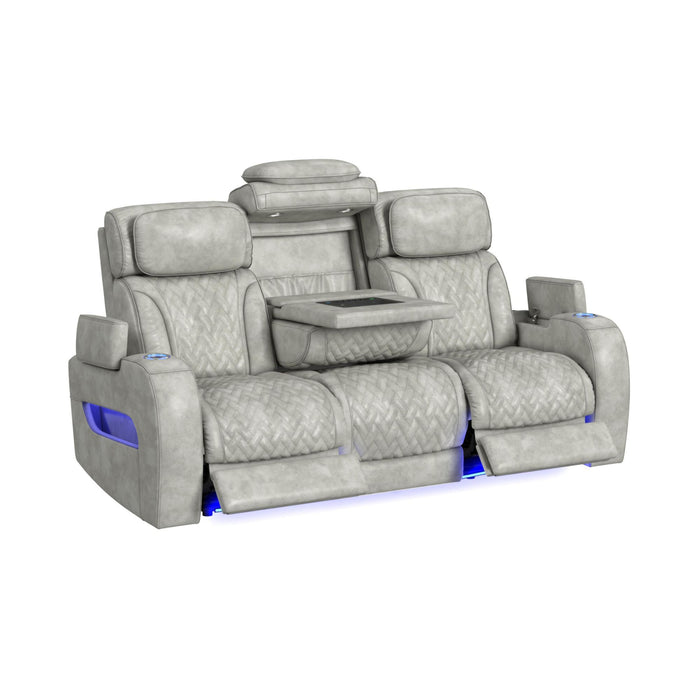 Prime Time - P3 Sofa With Ddt, 3.0 Table, 7 Colors (Led And Cup Holders), Reading Light, Vibration, Speaker, And Heat Massage - Leather Gel Light Gray – Reclining Sofas by Elements International at Furniture Wholesale Plus , Nashville furniture store