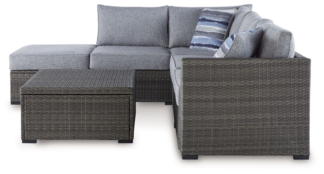 Petal Road - Gray - Loveseat Sectional, Ottoman, Table Set (Set of 4) - Premium 4 Piece Outdoor Sets from Signature Design by Ashley® - Just $1408! Shop now at Furniture Wholesale Plus  We are the best furniture store in Nashville, Hendersonville, Goodlettsville, Madison, Antioch, Mount Juliet, Lebanon, Gallatin, Springfield, Murfreesboro, Franklin, Brentwood