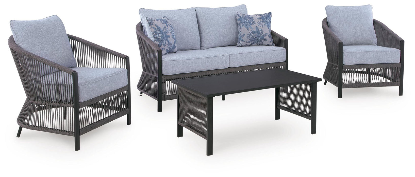 Bridges Beach - Loveseat, Lounge Chairs, Table Set (Set of 4) - Gray – 4 Piece Outdoor Sets by Signature Design by Ashley® at Furniture Wholesale Plus , Nashville furniture store