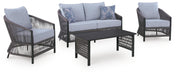 Bridges Beach - Loveseat, Lounge Chairs, Table Set (Set of 4) - Gray – 4 Piece Outdoor Sets by Signature Design by Ashley® at Furniture Wholesale Plus , Nashville furniture store