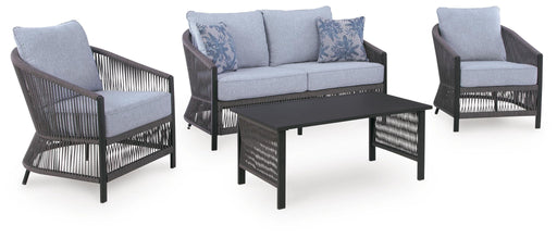 Bridges Beach - Loveseat, Lounge Chairs, Table Set (Set of 4) - Gray – 4 Piece Outdoor Sets by Signature Design by Ashley® at Furniture Wholesale Plus , Nashville furniture store